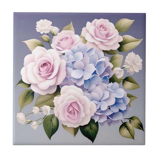 Azulejo De Cerâmica Hydrangeas Graciosas e Flores Rosas (Frente)