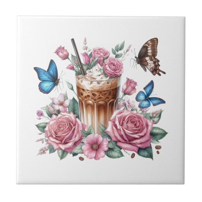 Azulejo De Cerâmica Iced Coffee & Butterfly Floral Ceramic Tile (Frente)