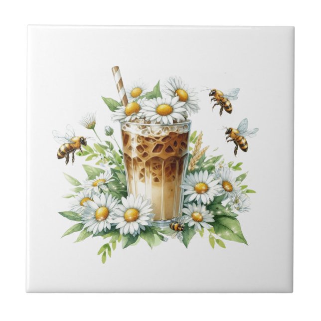 Azulejo De Cerâmica Iced Coffee & Daisy Garden Art (Frente)