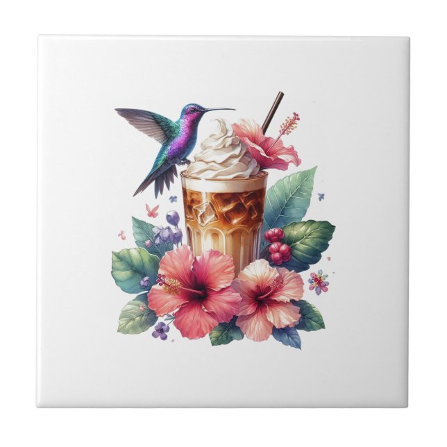 Azulejo De Cerâmica Iced Coffee & Hummingbird Floral Art (Frente)