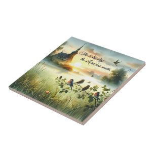 Azulejo De Cerâmica Igreja ao Nascer do Sol com Pássaros em Prado Nebu