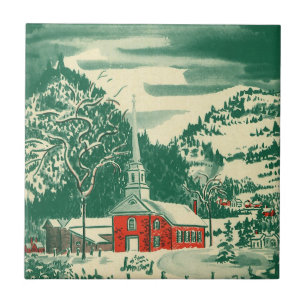 Azulejo De Cerâmica Igreja de Natal Vintage, Paisagem de Neve no Inver
