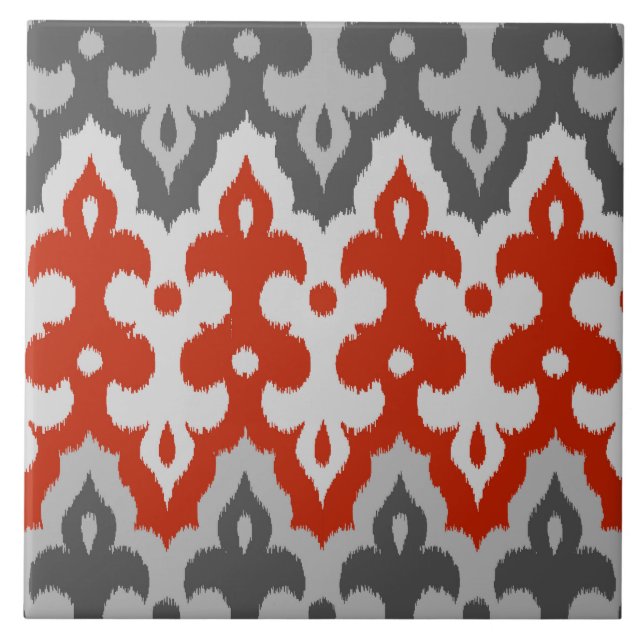 Azulejo De Cerâmica Ikat Damask, Graphite Cinza e Vermelho marroquinos (Frente)