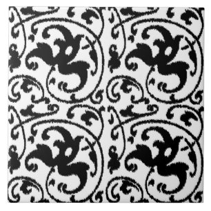 Azulejo De Cerâmica Ikat Floral Damask - Branco e Preto