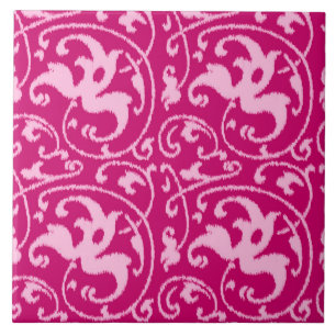 Azulejo De Cerâmica Ikat Floral Damask - Fuchsia e Rosa Pálido