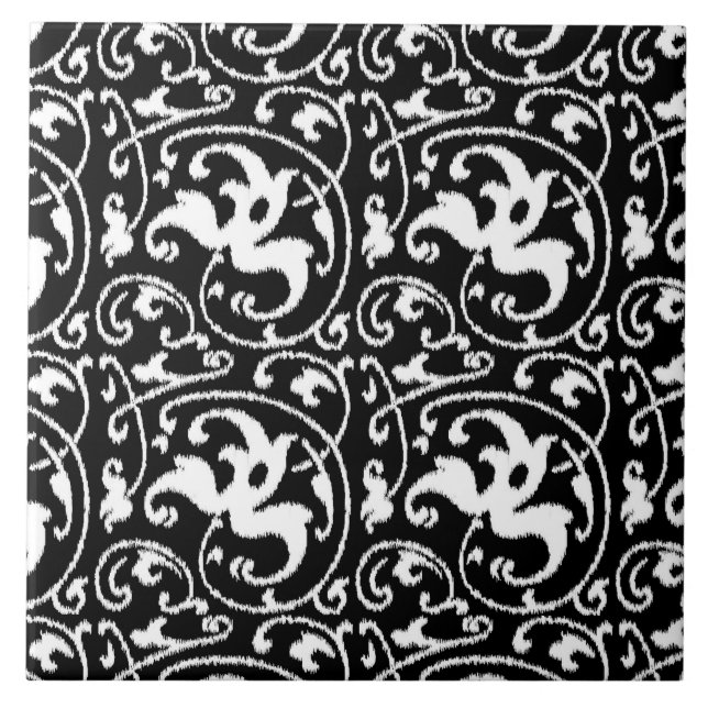 Azulejo De Cerâmica Ikat Floral Damask - Preto e Branco (Frente)