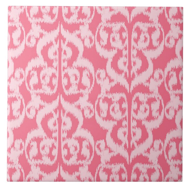 Azulejo De Cerâmica Ikat Moorish Damask - tons de coral rosa (Frente)