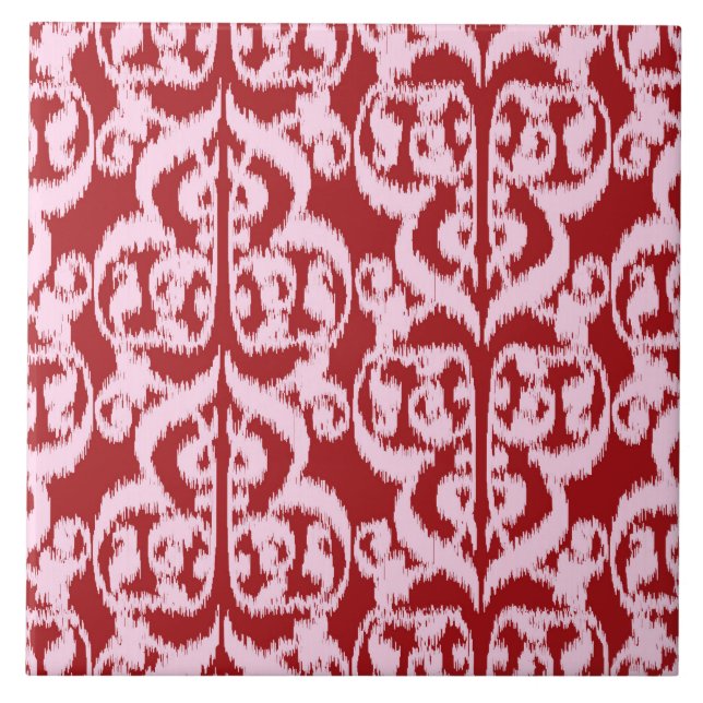 Azulejo De Cerâmica Ikat Moorish Damask - vermelho escuro e rosa (Frente)