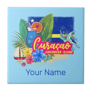 Azulejo De Cerâmica Ilha de caribe Retro Curacao com vinheta de tartar