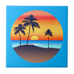 Azulejo De Cerâmica Ilha Tropical no Sunset com Palm Trees