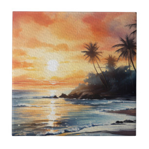 Azulejo De Cerâmica Ilha Tropical Oceano Praia Pôr do Sol Decorativo