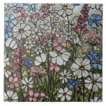 Azulejo De Cerâmica Ilusões de Vidro Manchado<br><div class="desc">Flores silvestres brancas,  cor-de-rosa,  brancas e azuis contra um efeito de vidro colorido iridescente prateado.</div>