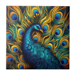 Azulejo De Cerâmica Ilustração Azul e Laranja Colorida de Peacock