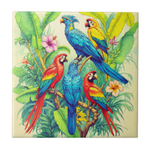 Azulejo De Cerâmica Ilustração Botânica de Aves Tropicais