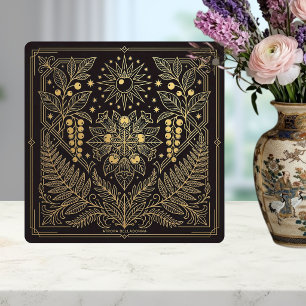 Azulejo De Cerâmica Ilustração Celestial Botânica em Ouro Art Nouveau