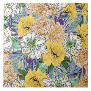 Azulejo De Cerâmica Ilustração Cinzenta Floral Amarela e Verde Trend