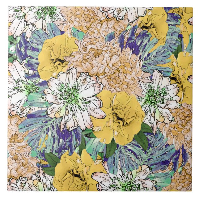 Azulejo De Cerâmica Ilustração Cinzenta Floral Amarela e Verde Trendy (Frente)