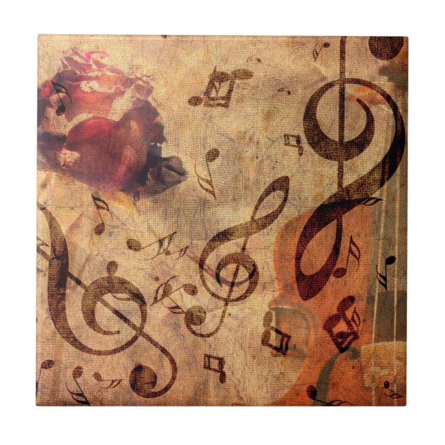 Azulejo De Cerâmica Ilustração com rosa e violino (Frente)