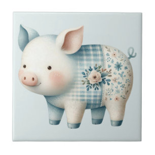 Azulejo De Cerâmica Ilustração Cottagecore de Porco em Patchwork Azul
