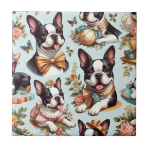Azulejo De Cerâmica Ilustração Cute Vintage de Boston Terrier