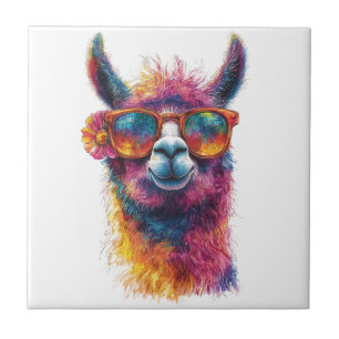 Azulejo De Cerâmica Ilustração da Cabeça de Llama Vibrante - Colorida,