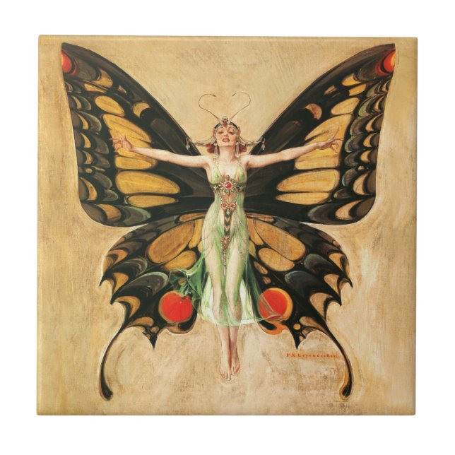Azulejo De Cerâmica Ilustração da Mulher Voando Borboleta Flapper (Frente)