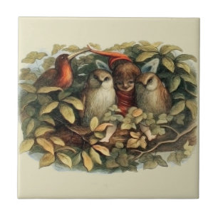 Azulejo De Cerâmica Ilustração da Natureza de Corujas e Fadas Elfas