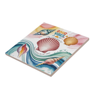 Azulejo De Cerâmica Ilustração da Praia Retro da Summer Vibes
