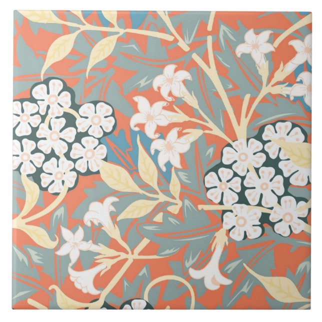 Azulejo De Cerâmica Ilustração da safra do azul-jasmim/bege (Frente)