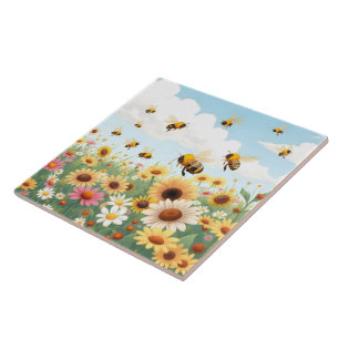 Azulejo De Cerâmica Ilustração de abelhas e flores fofas