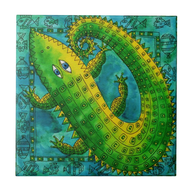 Azulejo De Cerâmica Ilustração de Aquarela Crocodilo Padrão (Frente)