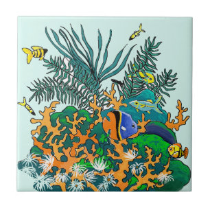 Azulejo De Cerâmica Ilustração de Aquário de Peixes Tropicais de Coral