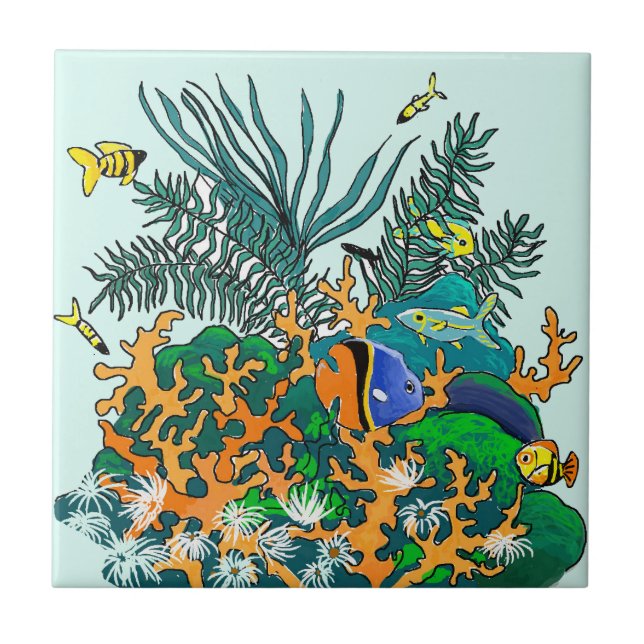 Azulejo De Cerâmica Ilustração de Aquário de Peixes Tropicais de Coral (Frente)