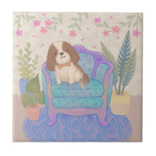 Azulejo De Cerâmica Ilustração de Cachorrinho Fofo em Poltrona Antiga