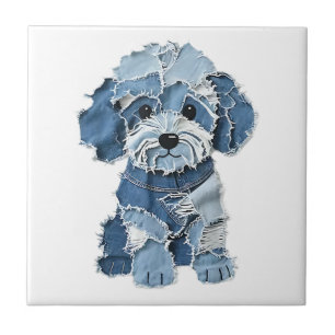 Azulejo De Cerâmica Ilustração de Cachorro com Remendo de Jeans Fofo