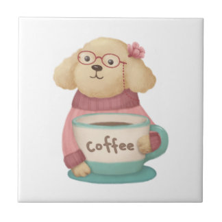 Azulejo De Cerâmica Ilustração de Cachorro e Café