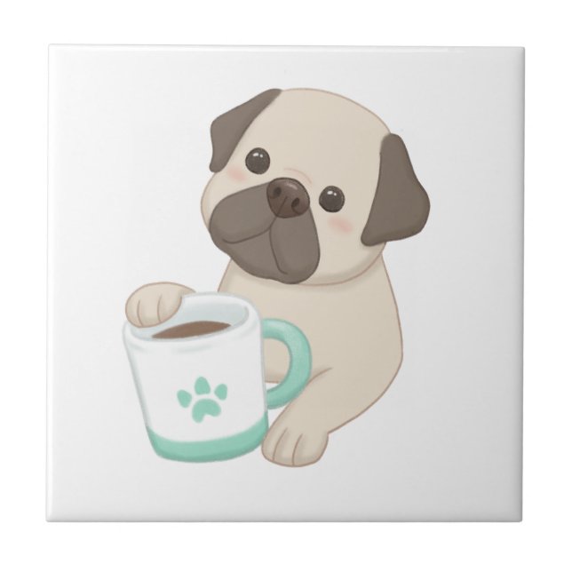 Azulejo De Cerâmica Ilustração de Cachorro e Caneca (Frente)