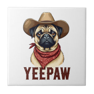 Azulejo De Cerâmica Ilustração de cachorro ocidental YeePaw Pug Cowboy