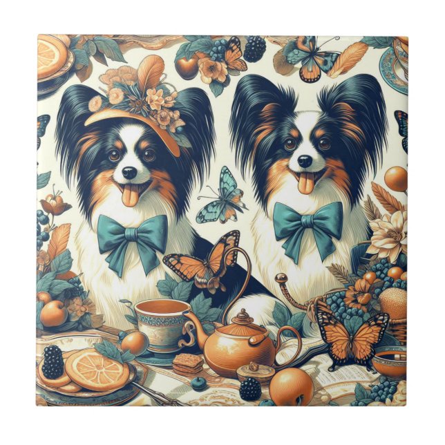 Azulejo De Cerâmica Ilustração de Cão Papillon Bonito (Frente)