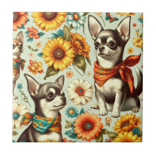 Azulejo De Cerâmica Ilustração de Chihuahua Retro Cute