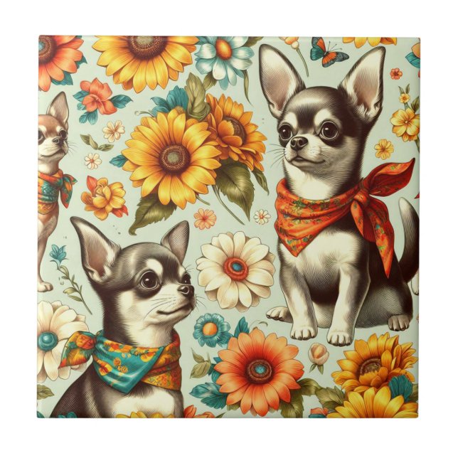 Azulejo De Cerâmica Ilustração de Chihuahua Retro Cute (Frente)