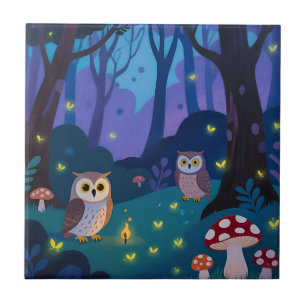 Azulejo De Cerâmica Ilustração de Corujas da Floresta Noturna