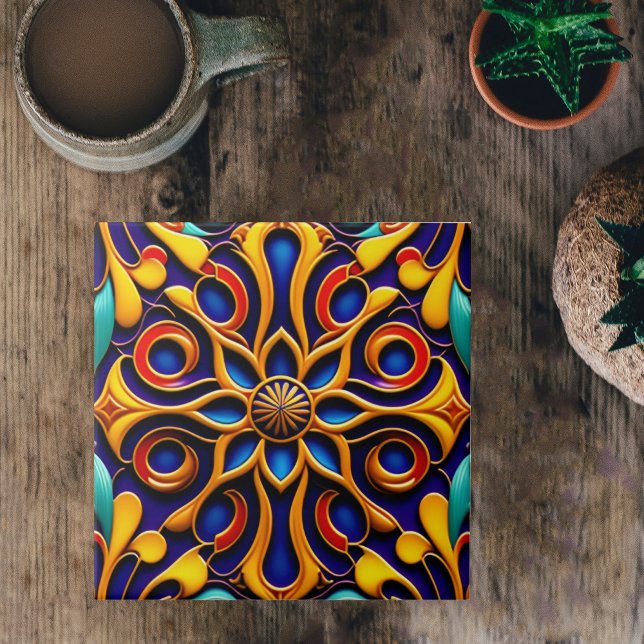 Azulejo De Cerâmica Ilustração de Deco de Arte Floral Azul Retroativa (Criador carregado)