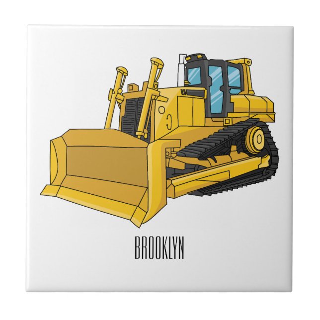 Azulejo De Cerâmica Ilustração de desenho animado Bulldozer (Frente)