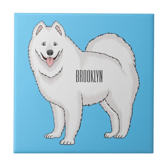 Azulejo De Cerâmica Ilustração de desenho animado com cão Samoyed (Frente)