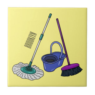 Azulejo De Cerâmica Ilustração de desenho animado de Broom & mop