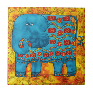Azulejo De Cerâmica Ilustração de Elefante com Padrões em Aquarela
