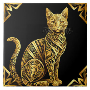 Azulejo De Cerâmica Ilustração de Gato Dourado Ornamentado