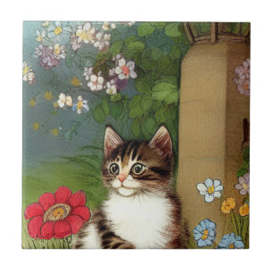 Azulejo De Cerâmica Ilustração de Gato Vintage com Flores de Mola