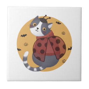 Azulejo De Cerâmica Ilustração de Halloween: Gato de Ladybug